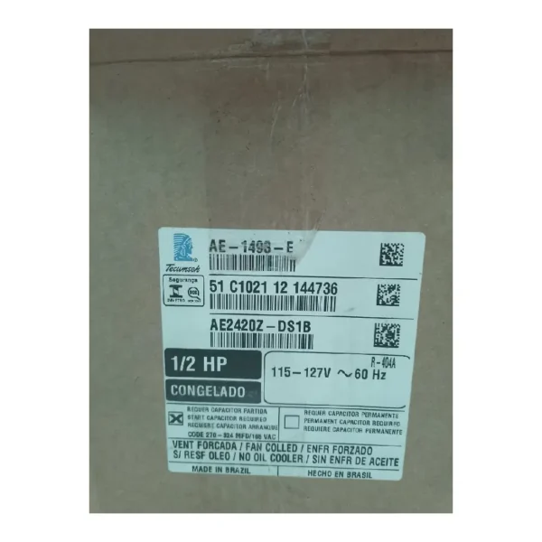 COMPRESOR HERMETICO TECUMSEH BRASIL 1/2HP AE2420Z R404A 110V - Imagen 2