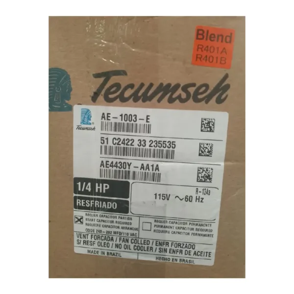 COMPRESOR HERMETICO TECUMSEH BRASIL 1/4HP AE4430Y  R134A 110V - Imagen 2