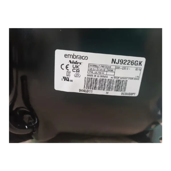COMPRESOR HERMETICO EMBRACO 1 +HP NJ9226GK R404A 220V - Imagen 3