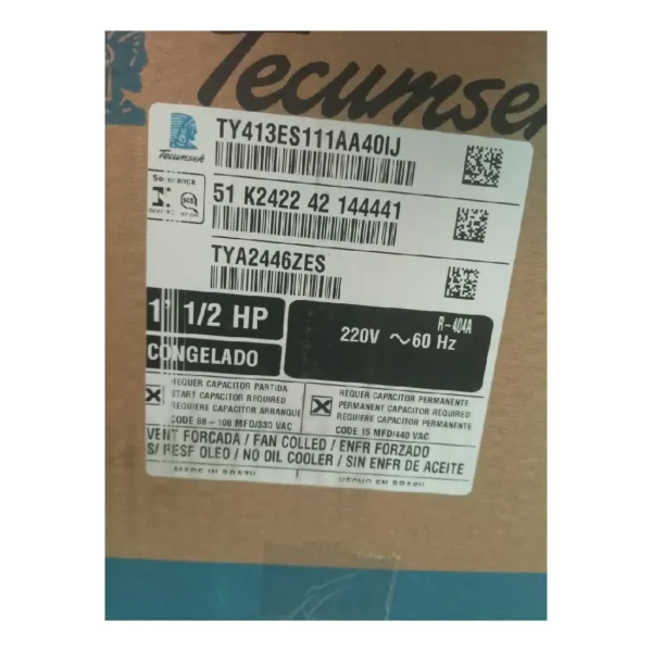 COMPRESOR HERMETICO TECUMSEH BRASIL 1 1/2HP TYA2446ZES  R404A 220V - Imagen 2